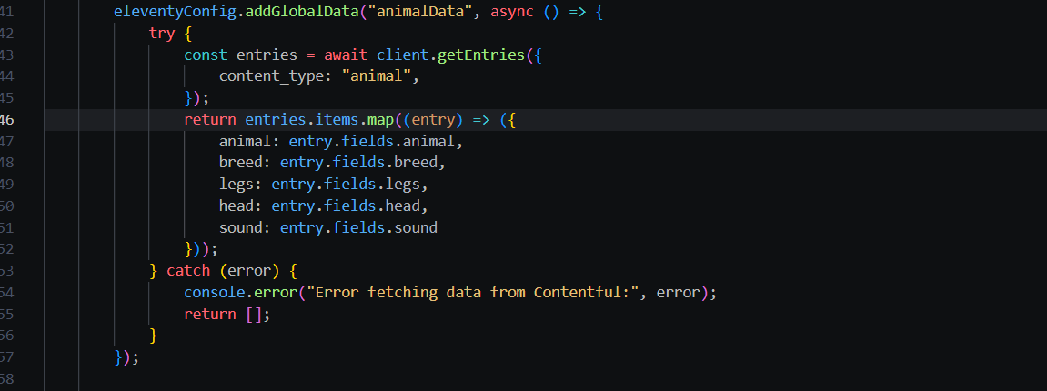 "Adding the data to the page using the content type (animal) form the contentful ppost and fields using get entries function"