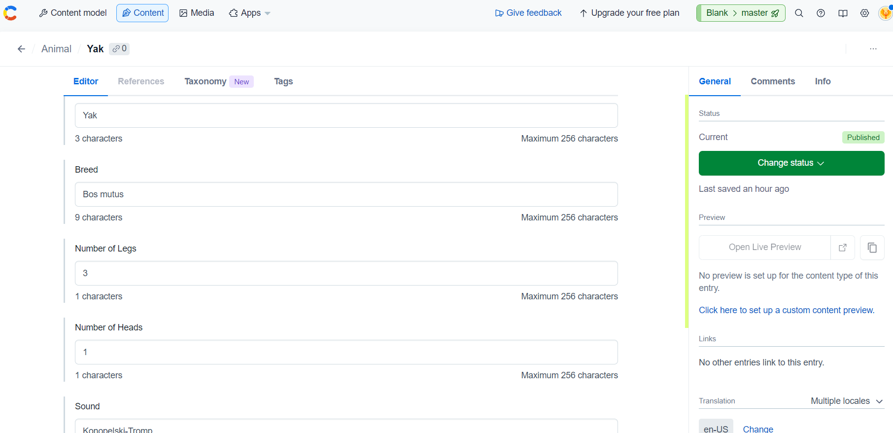 "This is how the Contentful gives you an option to add content in your custom data fields."