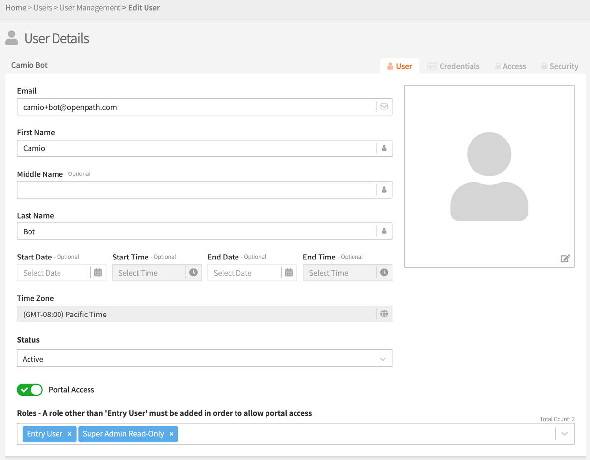 Screenshot: Create a dedicated user with read-only portal access in the Openpath Control Center to send data to Camio