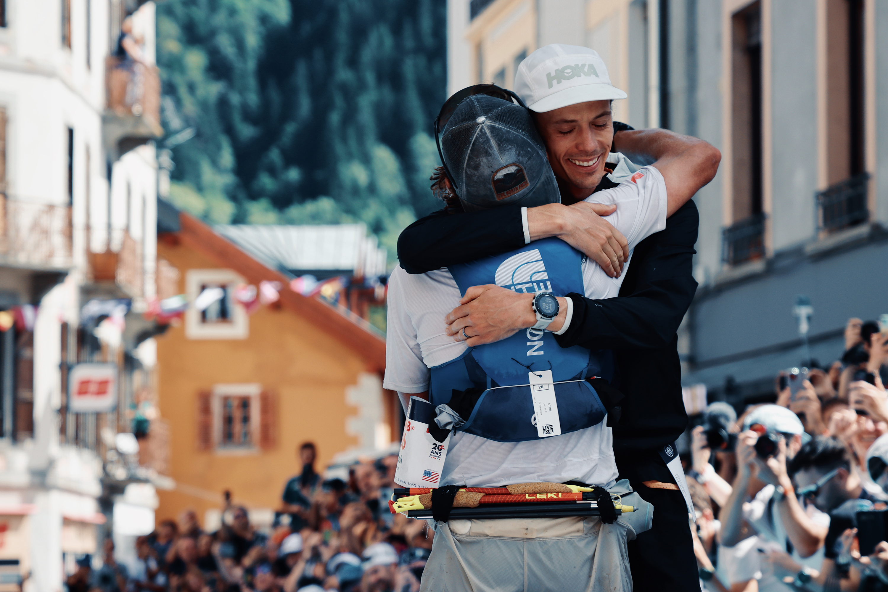 UTMB winner Jim Walmsley embracing second place finisher Zach Miller. Photograph: Richard Miller
