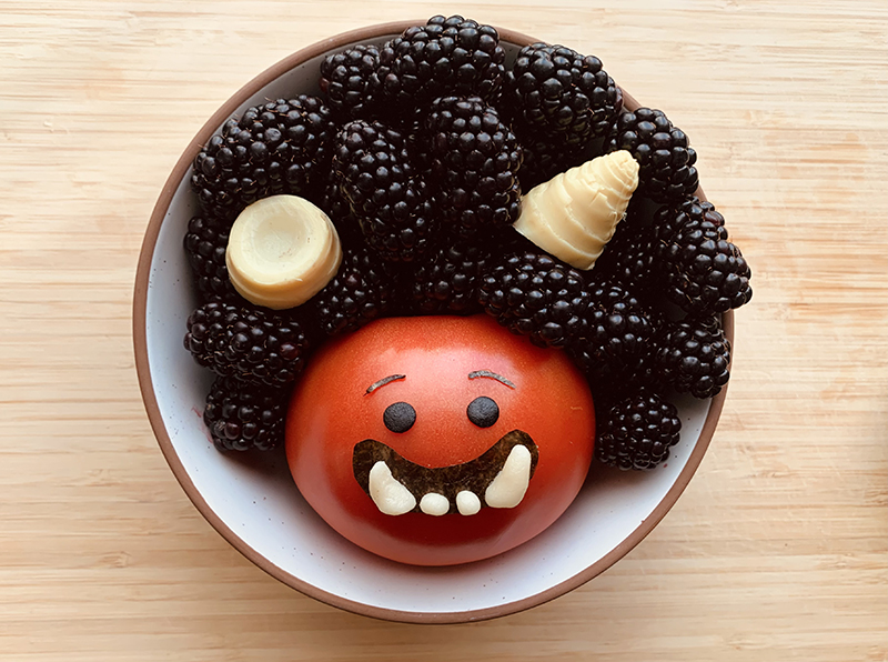 Nariodon, made with a tomato, blueberries, bamboo shoots, almond paste, and nori.