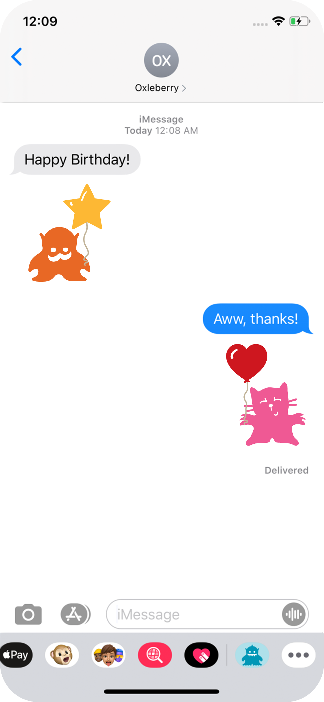 Example of stickers being used in a text message