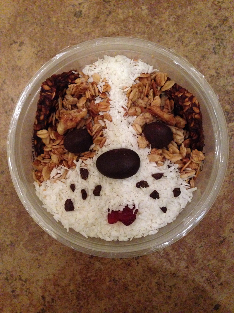 Brady the dog, made of granola, shredded coconut, chocolate, and a dried cranberry.