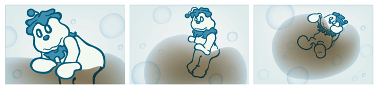 Panel 5 - The creature carefully climbs inside one of the dirty bubbles.