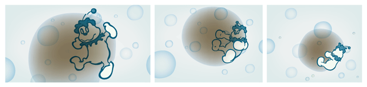Panel 4 - The creature closely inspects one of the dirty bubbles.