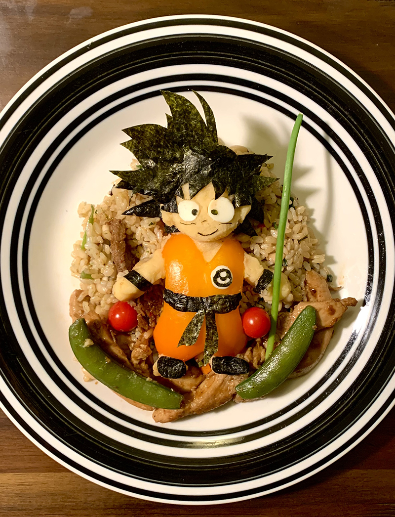Goku, made of mashed potatoes, orange bell pepper, tofu, and nori.