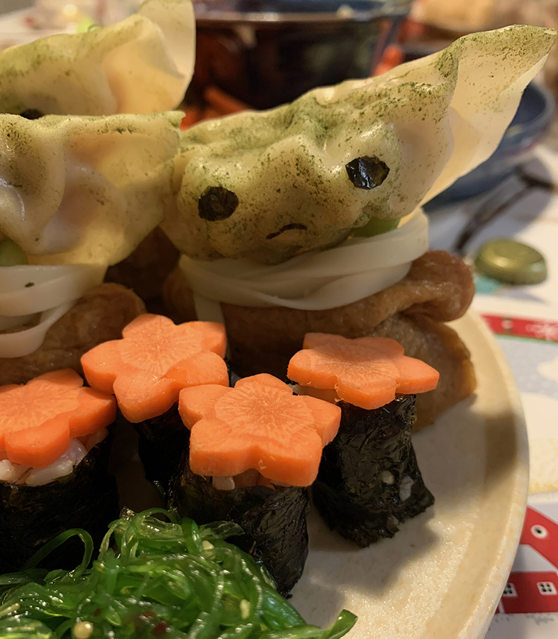 Grogu, made of dumplings, vegetable powder, nori, noodles, and tofu wrappers.
