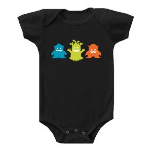 Three friendly monsters print on a onesie