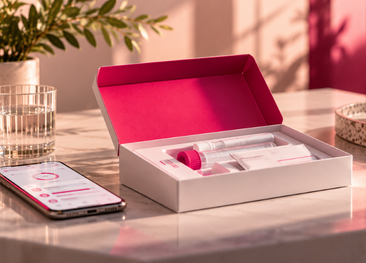 At-home hormone testing kit with smartphone wellness dashboard for healthcare businesses evaluating diagnostic testing solutions.