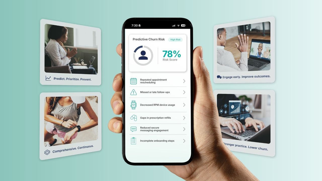 Telehealth app displaying patient retention data and predictive churn risk to reduce no-shows and improve engagement