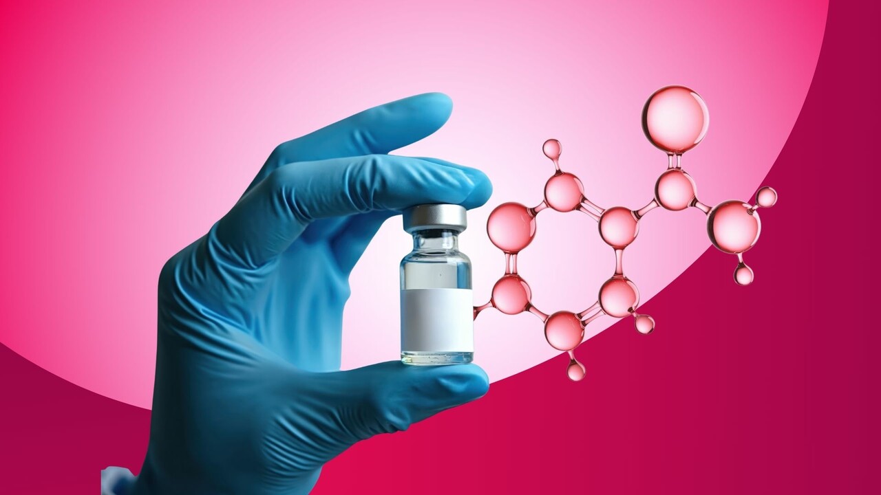 Hand holding a peptide vial with molecular structure illustration 