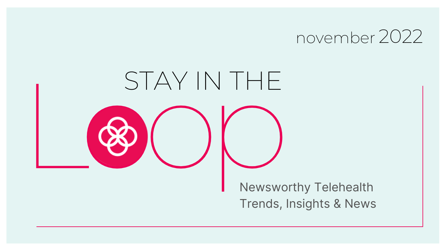 graphic with light blue background with black and pink text that says "November 2022, Stay in the Loop, Newsworthy Telehealth Trends, Insights and News"