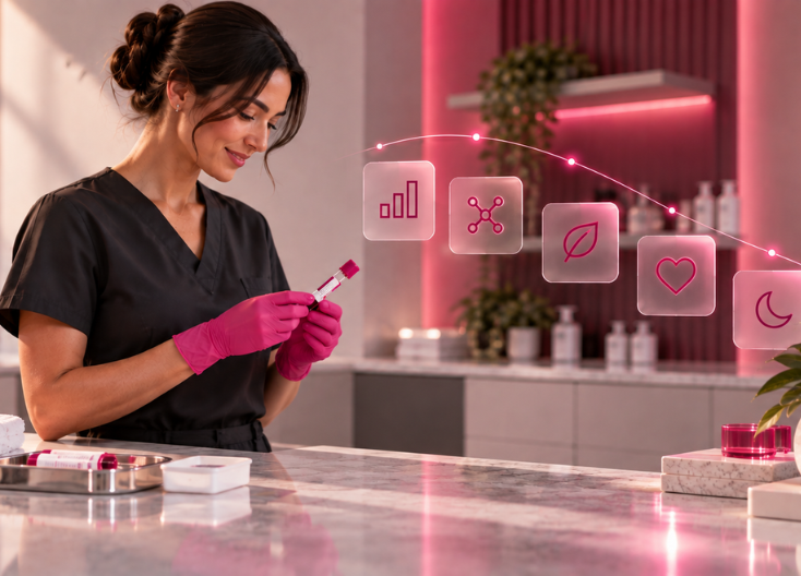 Clinician holding a diagnostic collection tube in a modern medspa, illustrating how to add whole-health diagnostics to my medspa.