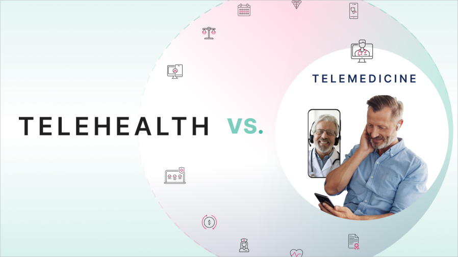 Graphic image with a small circle saying "telemedicine" depicting a white male on a virtual appointment on his phone surrounded by a larger circle saying "telehealth". 