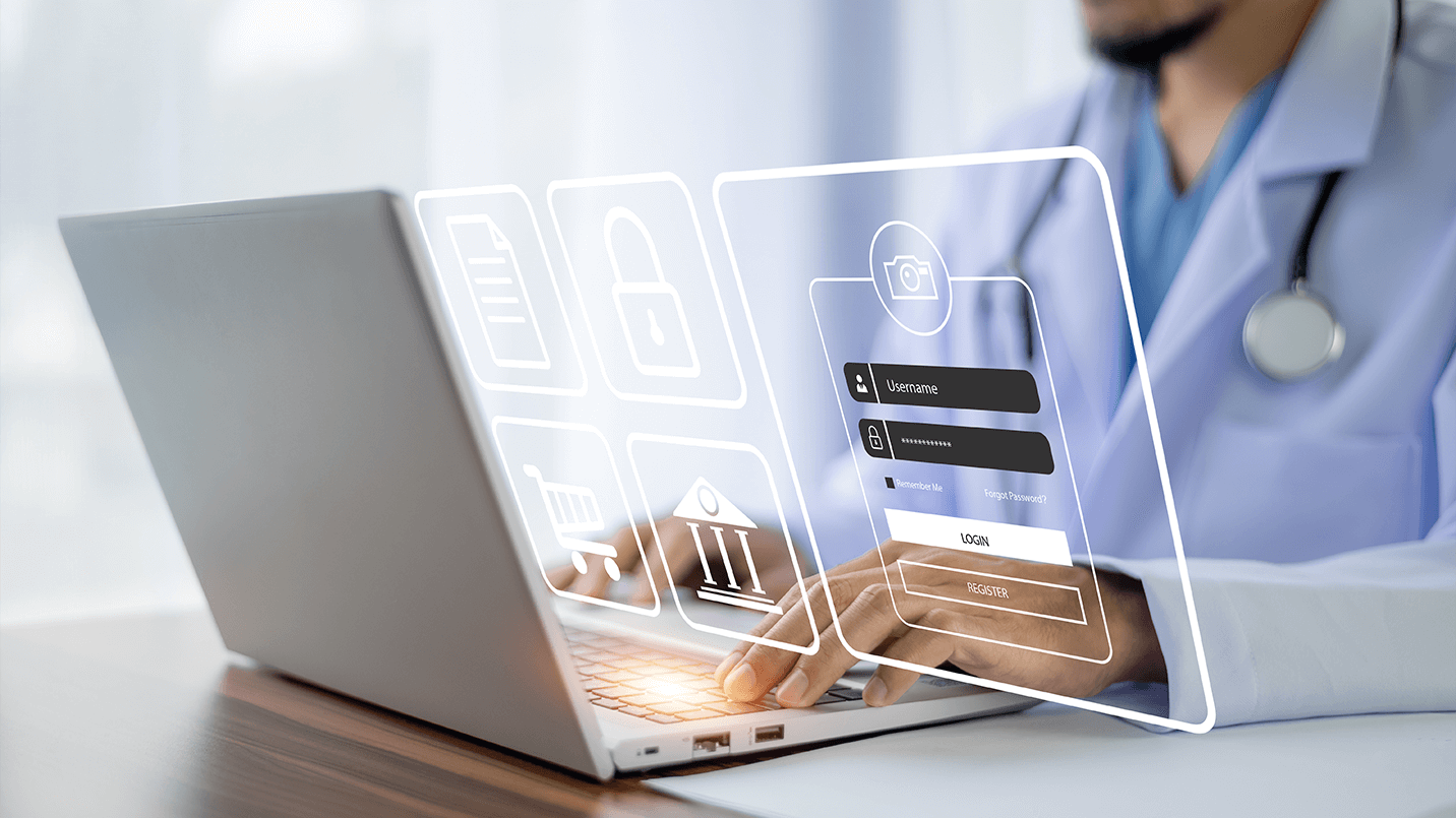 doctor securely inputting PHI into a protected and interoperable EHR