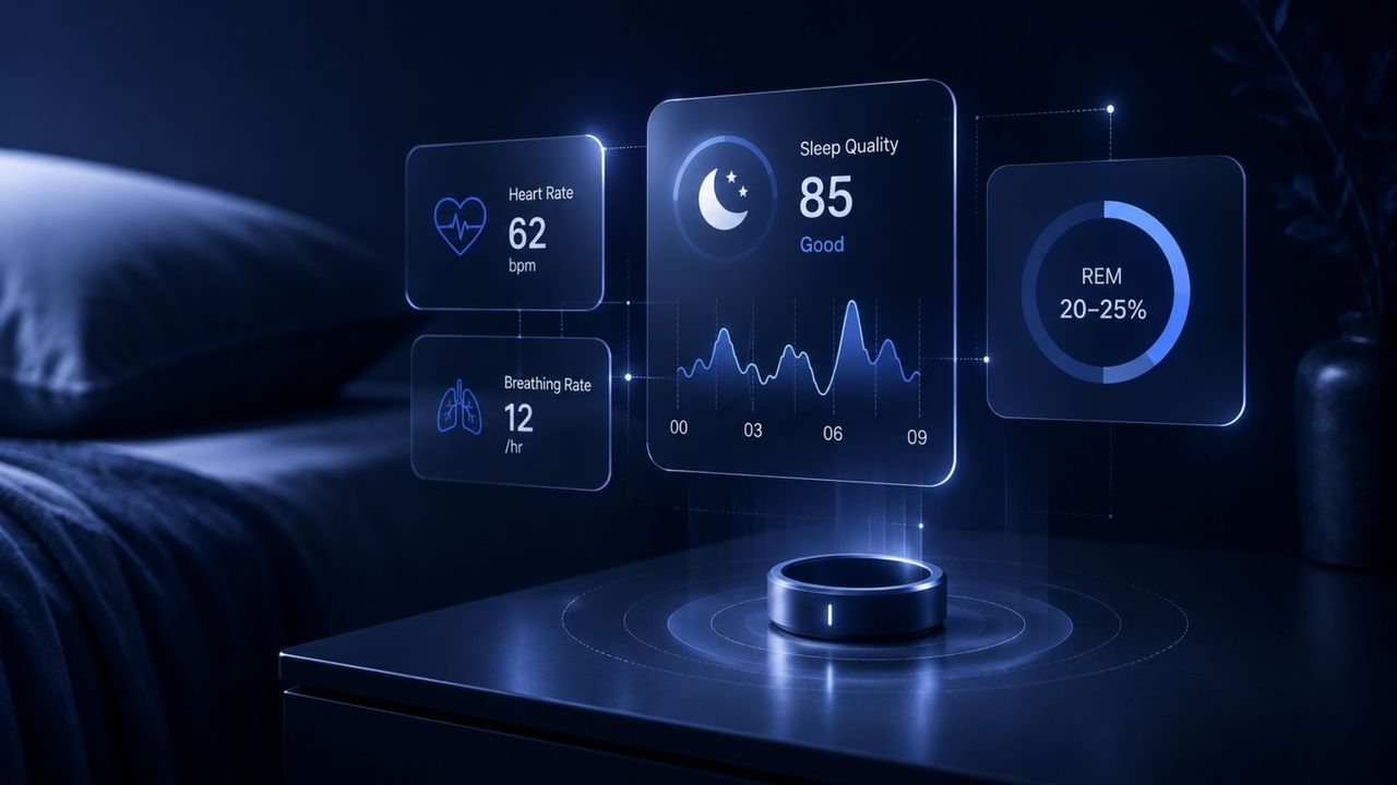 Digital dashboard displaying at-home sleep testing metrics including sleep quality, heart rate, breathing rate, and REM sleep, representing virtual sleep diagnostics for healthcare organizations.