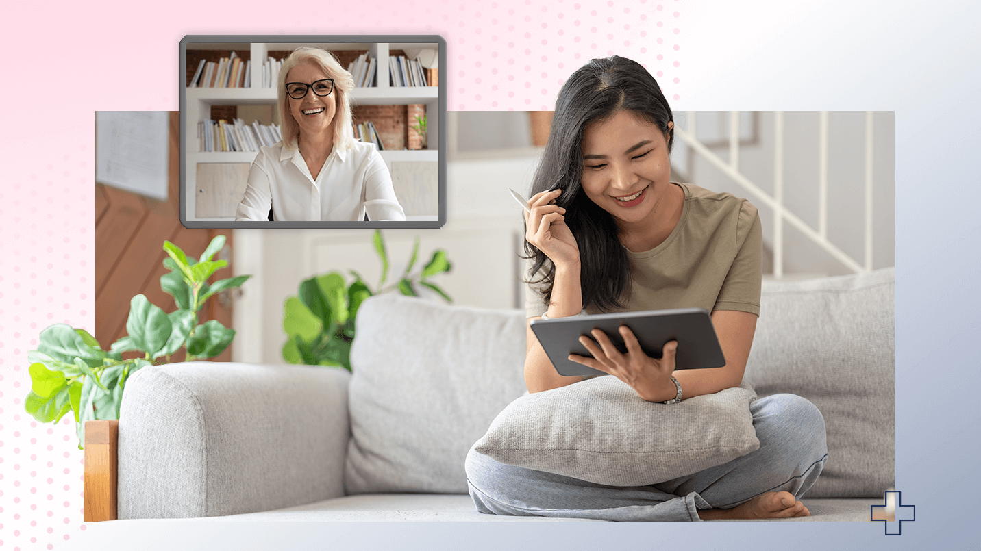 Young women sitting on couch discussing her health data with licensed female provider over video chat