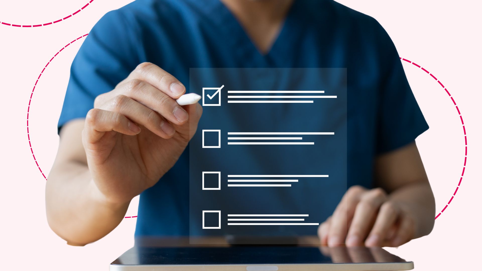 nurse clicking a checking off a list item on their tablet