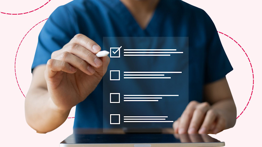 nurse clicking a checking off a list item on their tablet