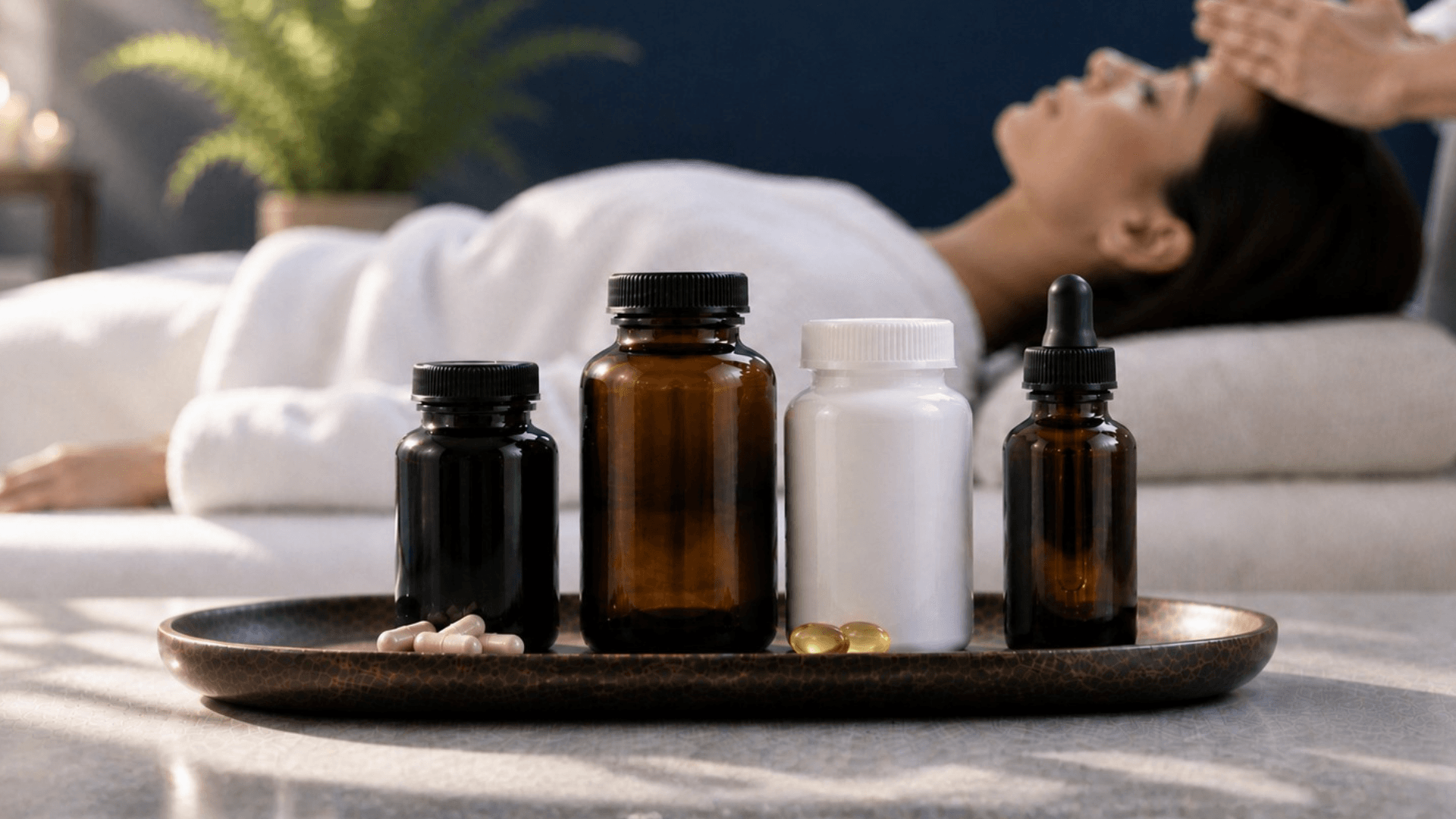 Blank supplements bottles, woman receiving medspa treatment in the background