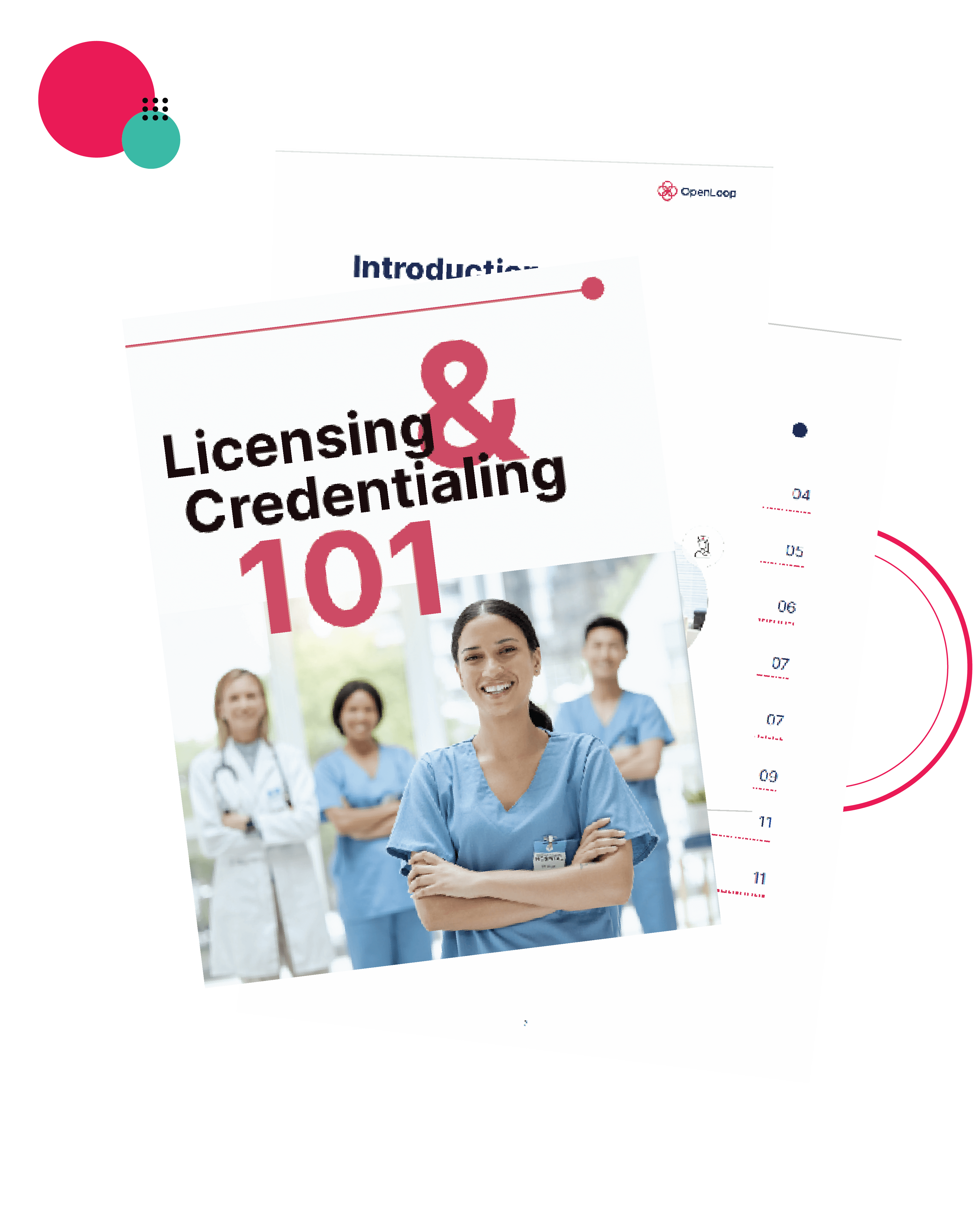 white paper mock up with white and pink title page that reads "Licensing and Credentialing 101"
