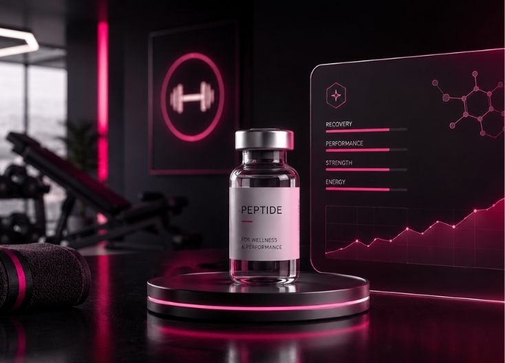 Peptide vial displayed beside a recovery and performance tracking dashboard in a gym.