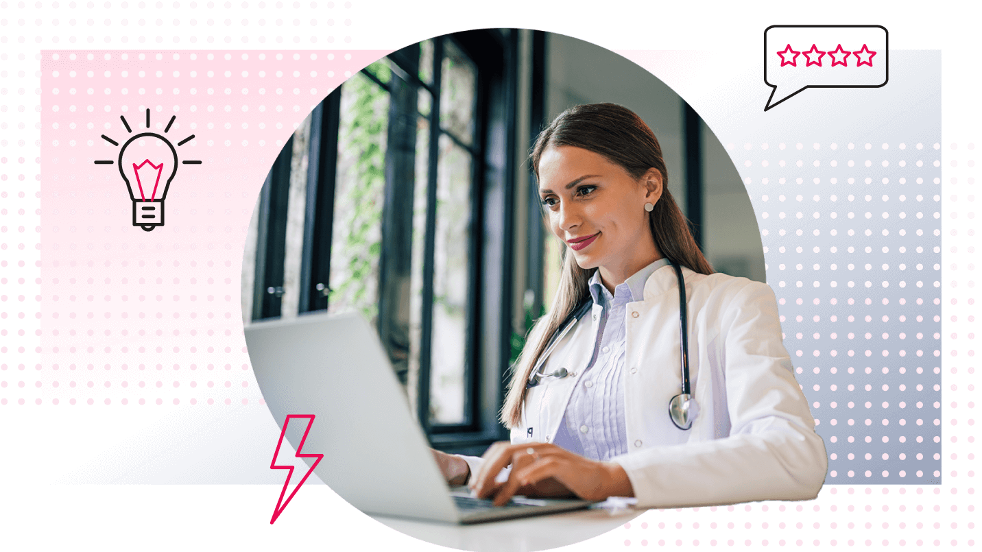 female-healthcare-provider-utilizing-a-laptop-pink-and-purple-gradiant-background-lightning-bolt-lightbulb-and-four-stars-graphics