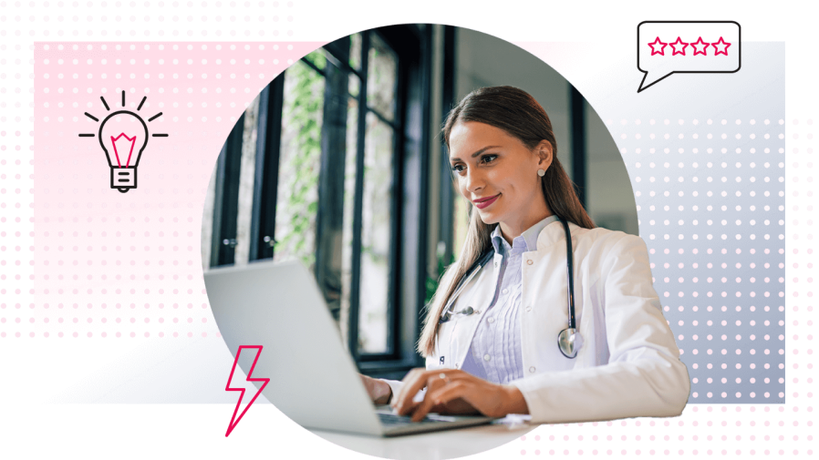 female-healthcare-provider-utilizing-a-laptop-pink-and-purple-gradiant-background-lightning-bolt-lightbulb-and-four-stars-graphics