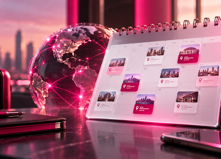 Digital health conferences 2027 visual of a digital planning calendar, conference locations, and connected health technology ecosystem.