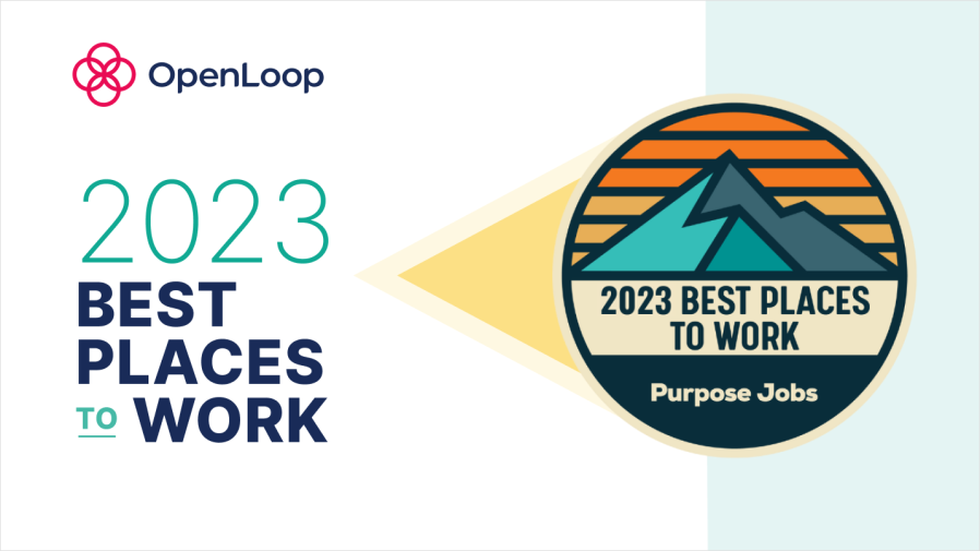 graphic with blue and yellow triangle with the words 2023 best places to work and an official badge graphic from Purpose Jobs