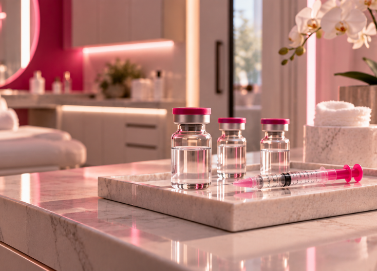 Modern medspa treatment room with peptide therapy vials on a marble countertop, representing clinician-supported peptide care for longevity and aesthetic wellness.