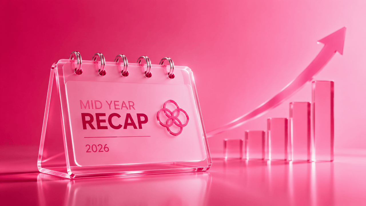 OpenLoop Health mid-year 2026 recap graphic featuring a calendar, upward-trending bar chart, and growth arrow, highlighting company growth, partnerships, acquisitions, and virtual care expansion.
