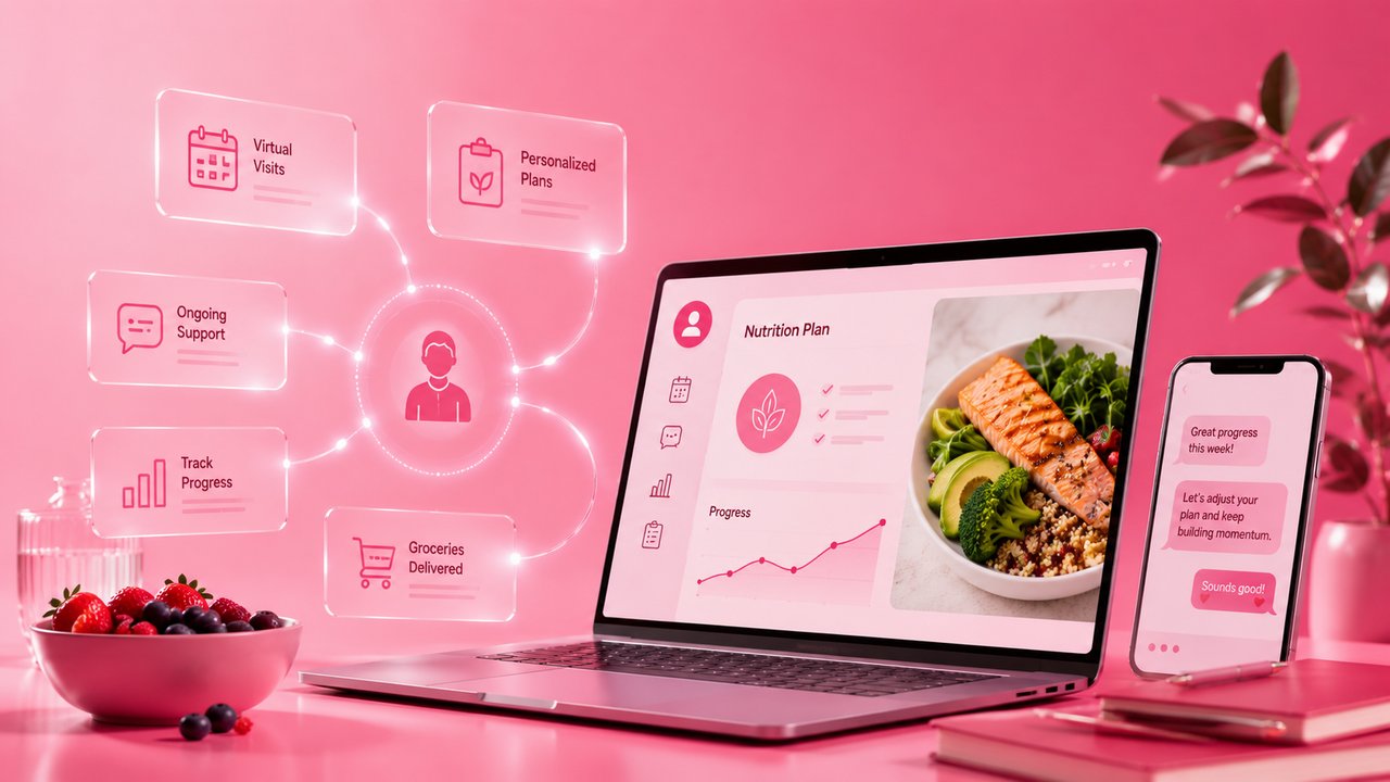Digital nutrition care platform showing how to add dietitians to your business and implement a virtual dietitian program with medical nutrition therapy telehealth, personalized nutrition plans, virtual visits, and patient progress tracking.