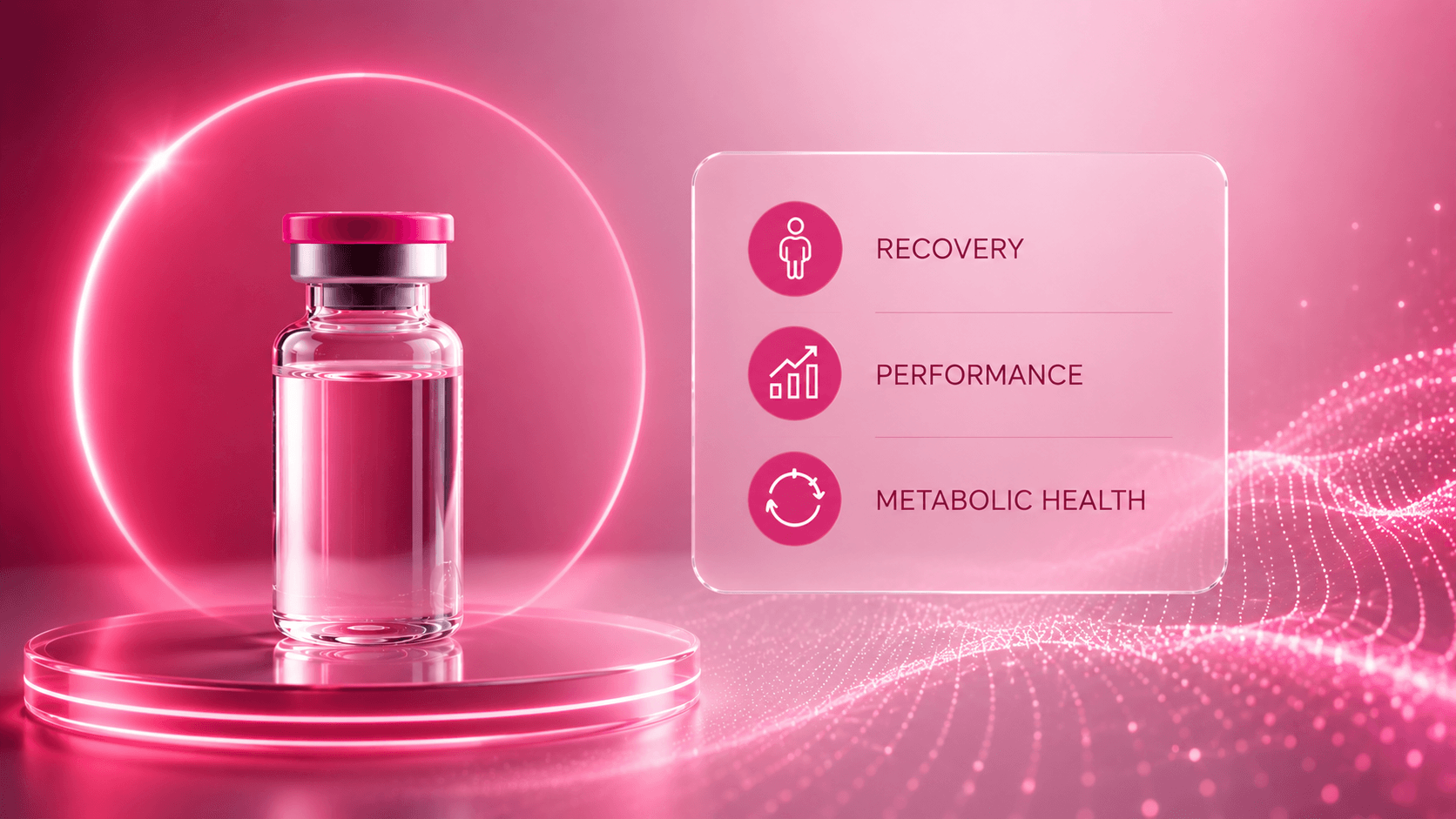 Peptide therapy vial highlighting recovery, performance, and metabolic health applications.