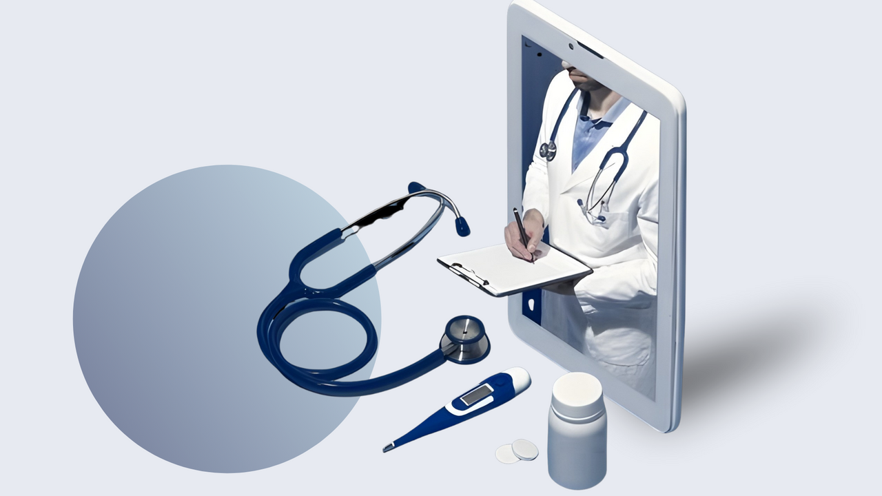 Virtual-first care model with telehealth doctor on tablet, stethoscope, thermometer, and medication illustrating remote healthcare access and digital care delivery