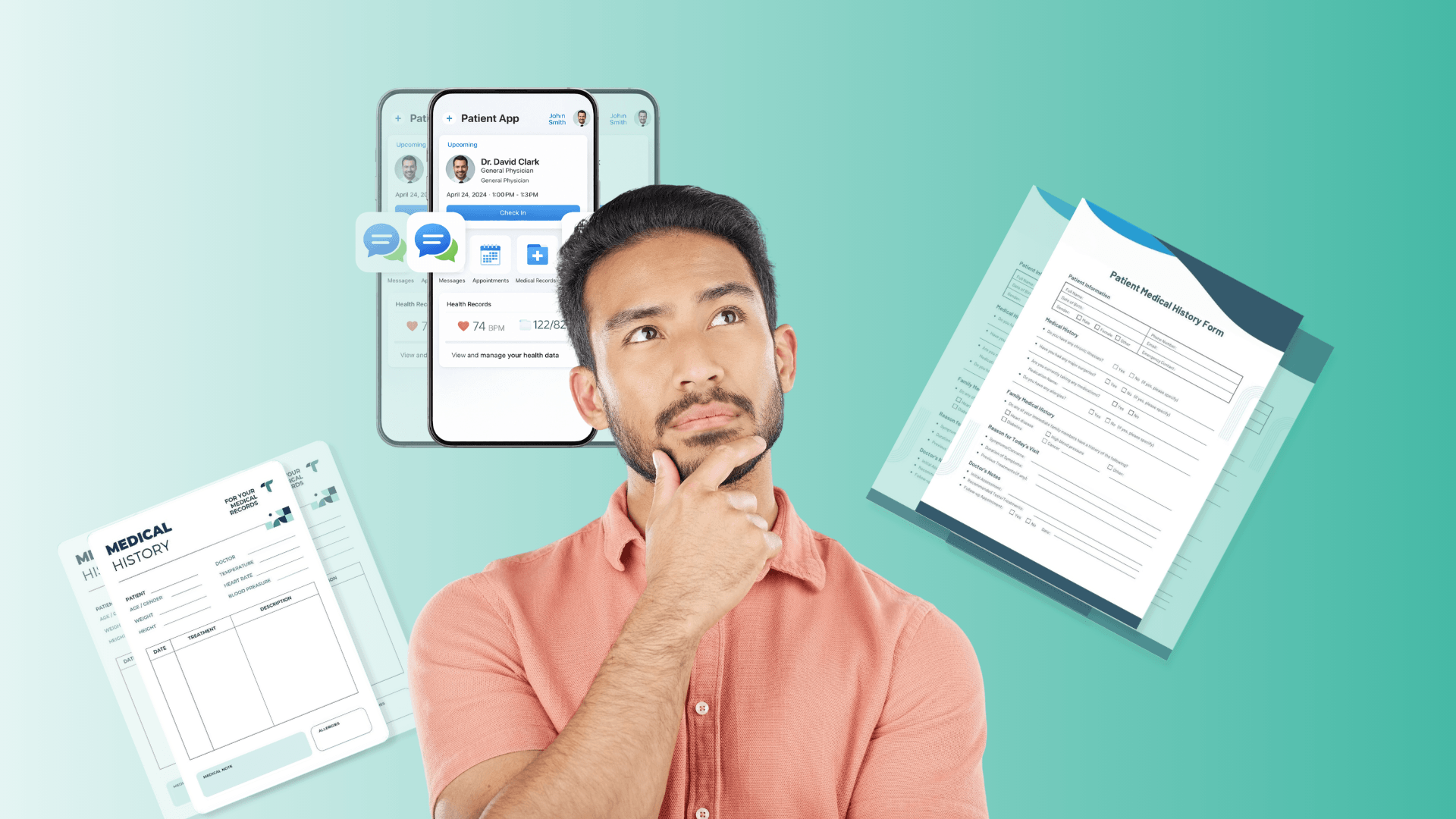 Man considering how to choose a white-label telehealth partner, with mobile health app interface and medical forms showing digital healthcare solutions