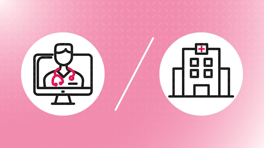 Graphic showing an icon of desktop with a doctor on the screen (left) and an icon of a clinic building (right)
