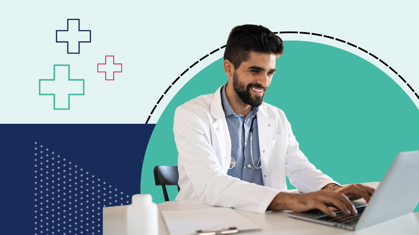 male doctor sitting at desk smiling while on a telehealth call with a patient