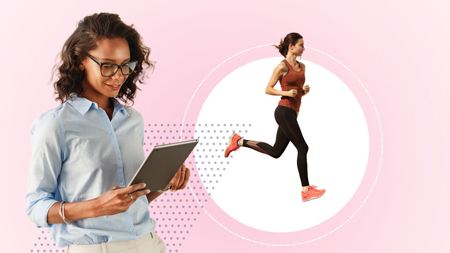image of woman using an iPad while another image of a woman runs behind her