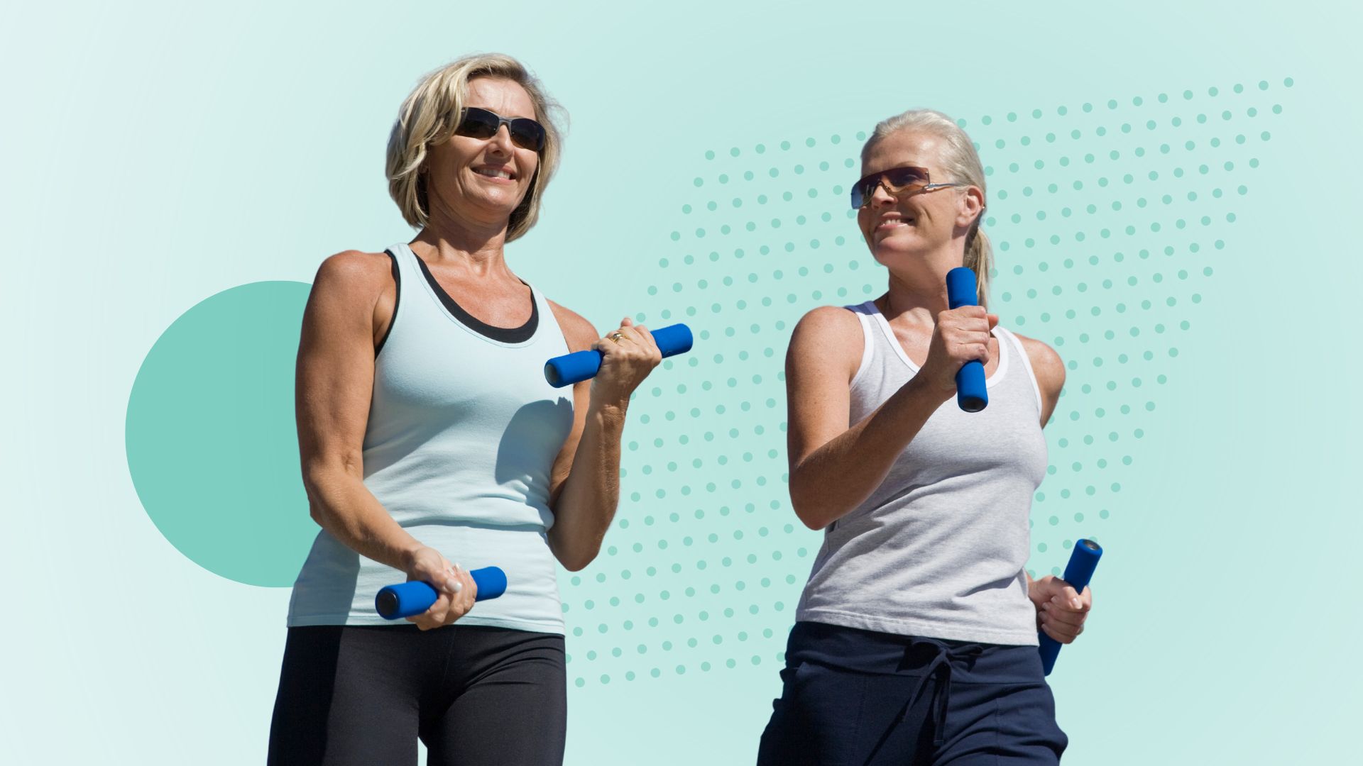 Two healthy, older women feeling energized while walking and holding weights