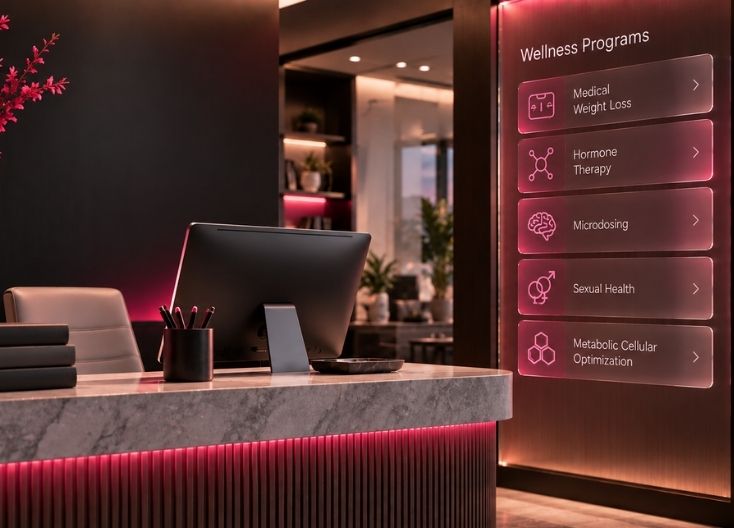 Modern concierge medicine reception desk featuring virtual wellness program offerings, including medical weight loss, hormone therapy, microdosing, sexual health, and metabolic cellular optimization.