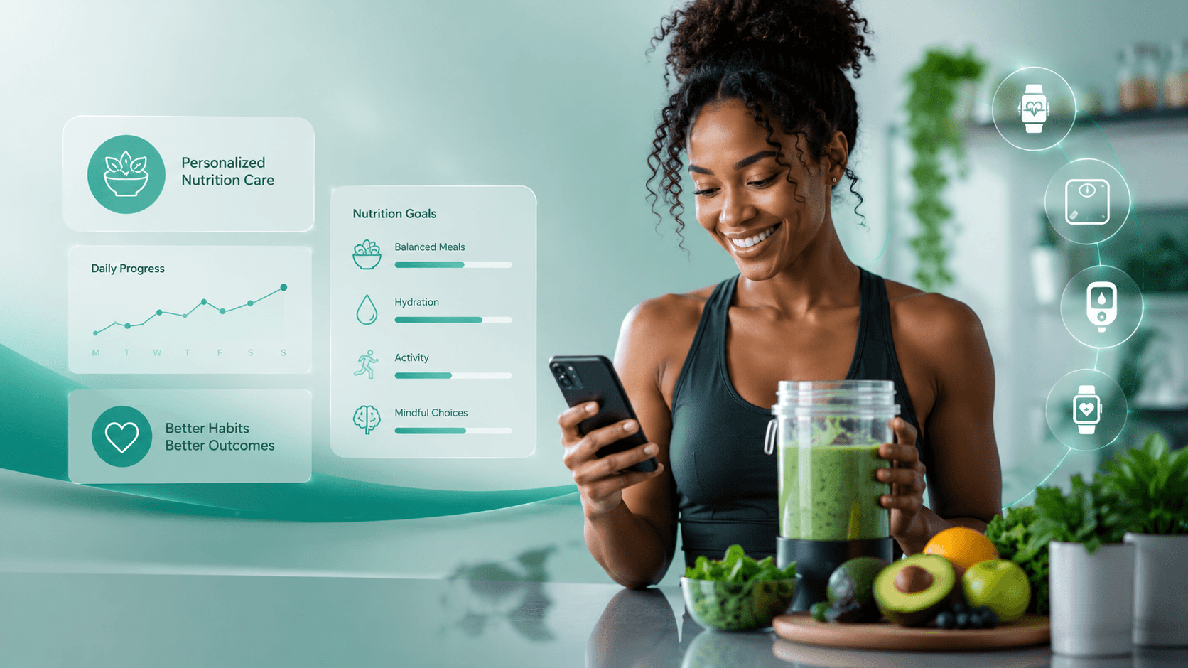 smiling-black-women-making-a-smoothie-and-looking-at-phone