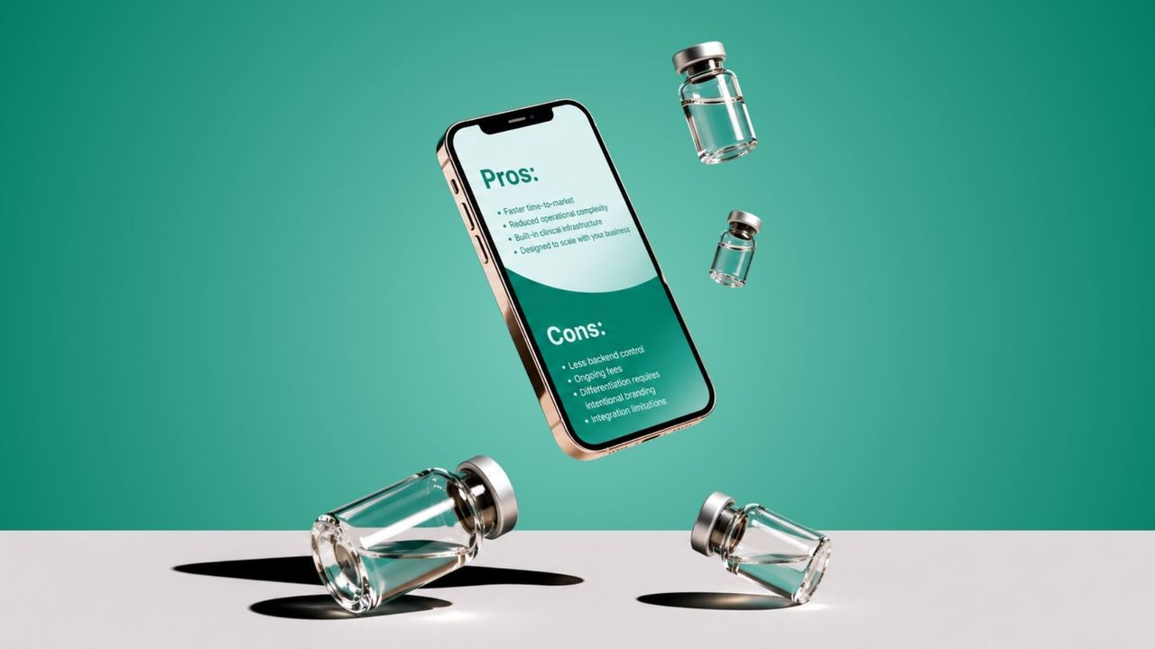 White-label peptide therapy partner platform displayed on a mobile device with pros and cons, illustrating a scalable white-label peptide therapy program and turnkey peptide program for clinics and healthcare businesses.
