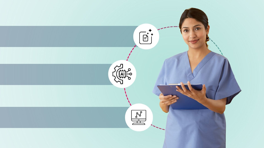 Female clinician holding a clip board and smiling with tech graphic icon in a circle around her