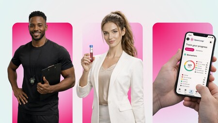 White-label at-home health testing with fitness professional, clinician holding a test sample, and biomarker tracking mobile app.