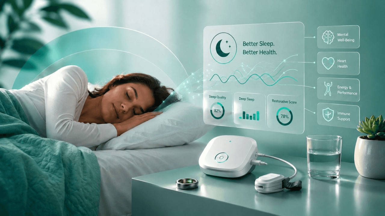 Patient sleeping beside sleep monitoring technology measuring overnight health metrics, illustrating the role of sleep medicine in whole-health care.