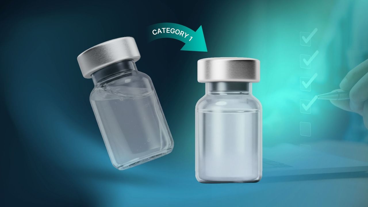 Two pharmaceutical vials representing FDA Category 2 peptides transitioning to Category 1 with regulatory concept background