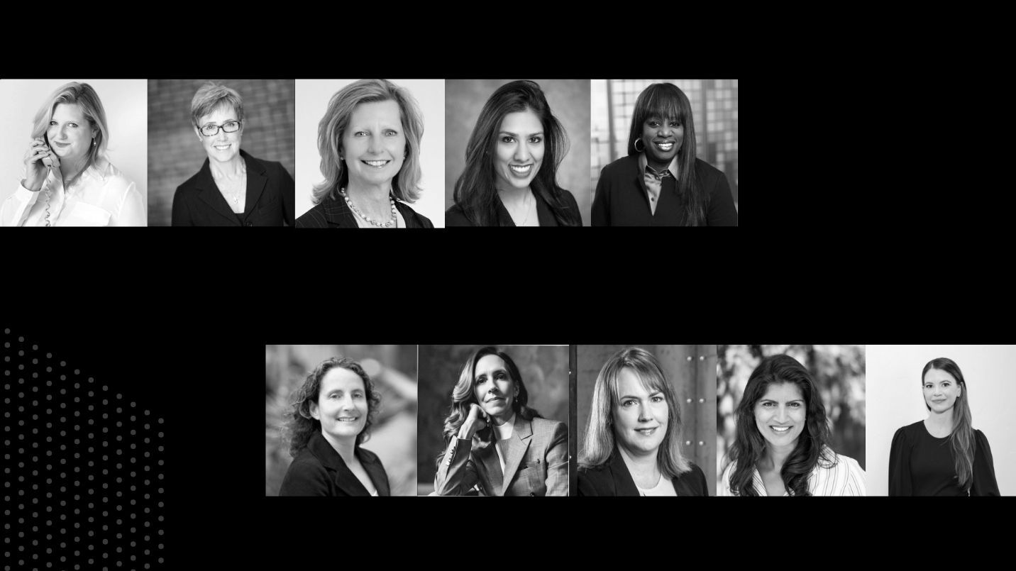 graphic with all 10 headshots of the women mentioned in the blog in black and white