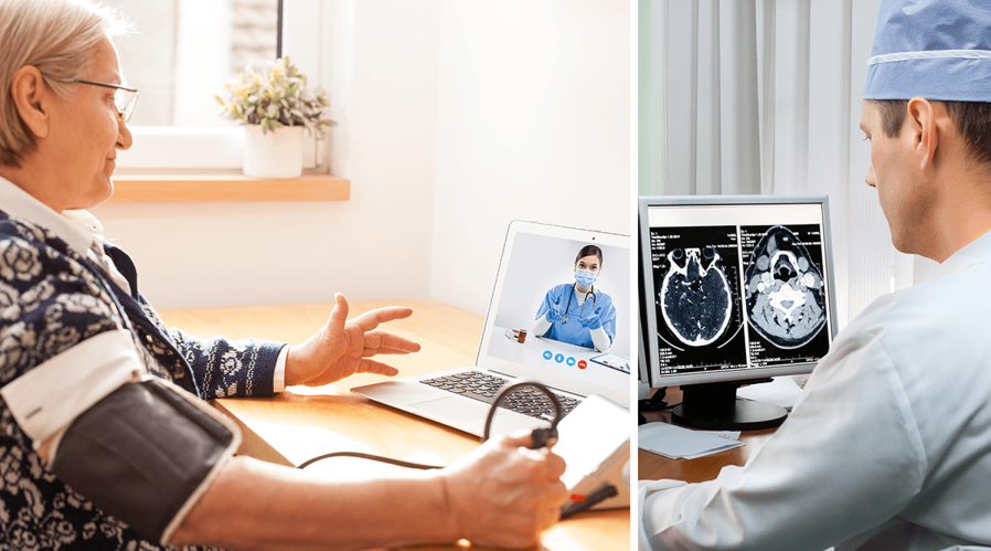 Split-screen-healthcare-provider-helping-elderly-woman-monitor-her-blood-pressure-via-telehealth-healthcare-provider-viewing-brain-scan