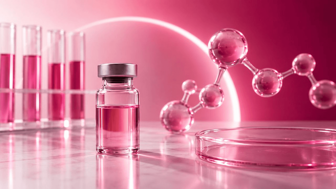 Laboratory vial and peptide molecule illustration representing the most popular longevity peptides used in aesthetics and healthy aging.